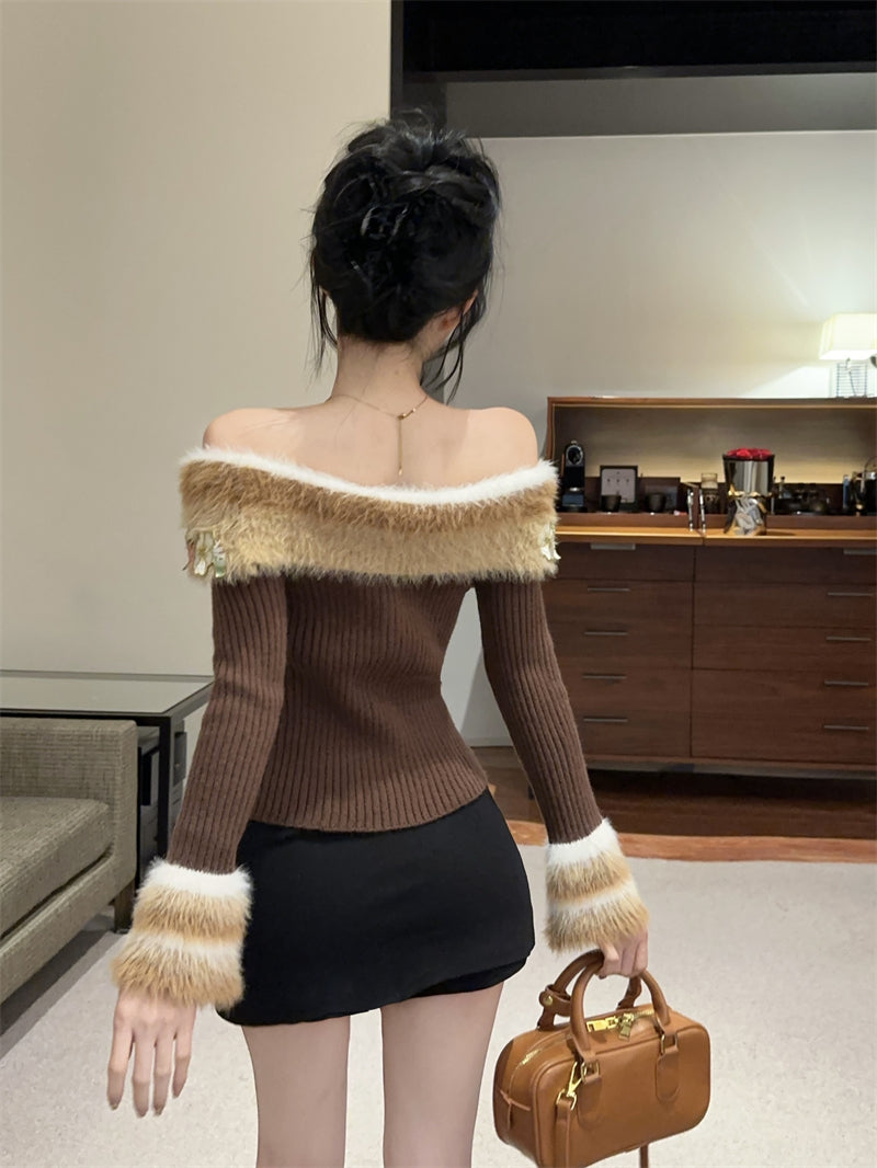 【tops】秋冬オフショルダーニットセーターG24280