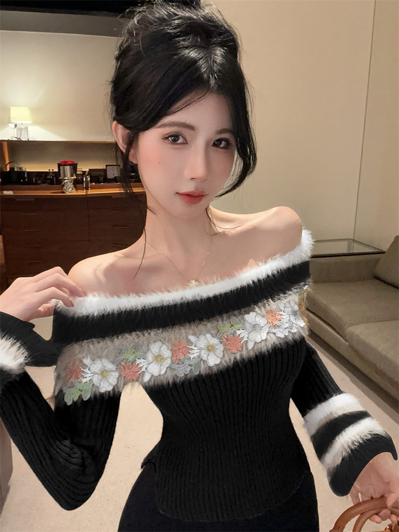 【tops】秋冬オフショルダーニットセーターG24280
