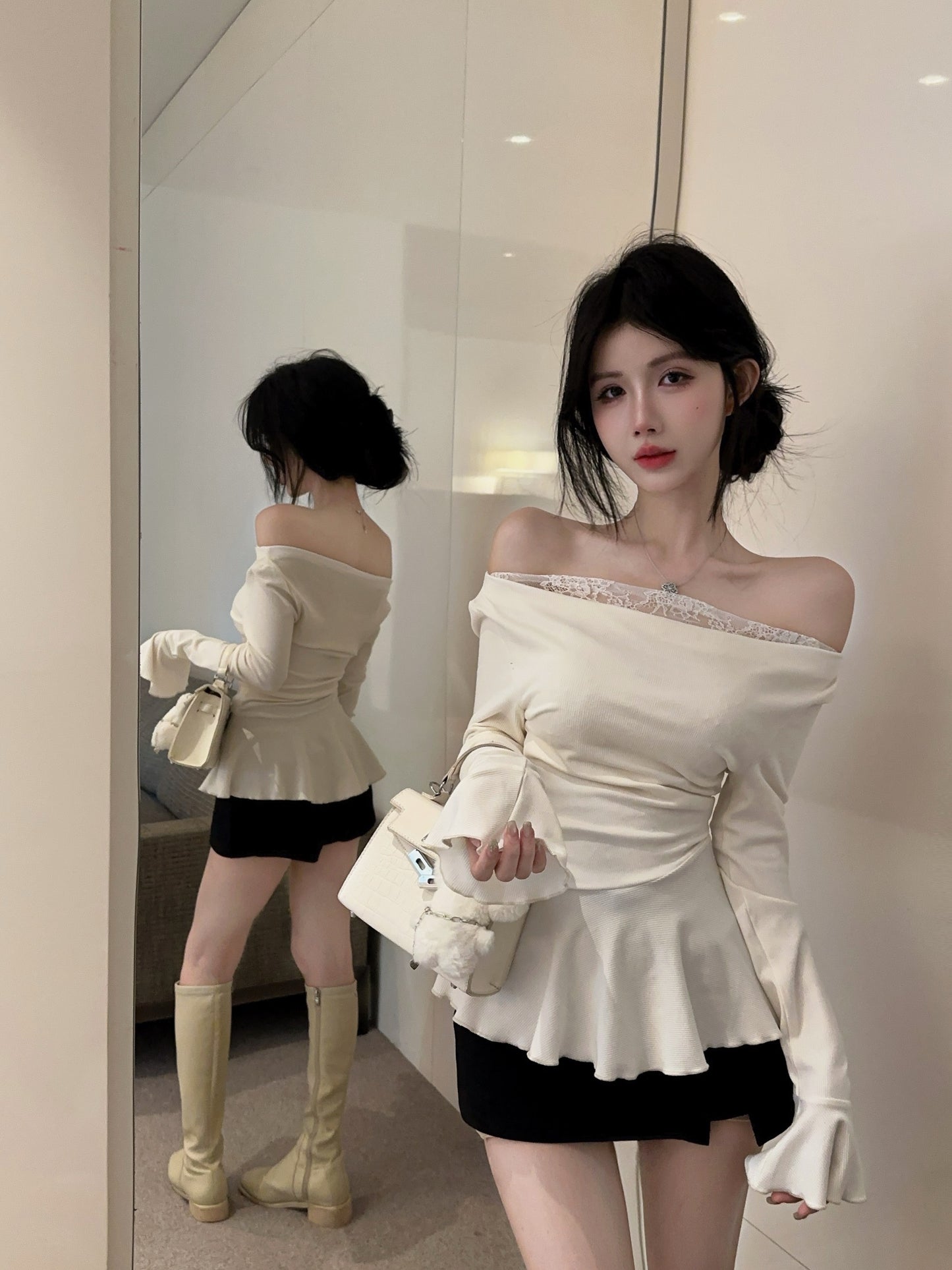 【tops】切り替えレース長袖フリルTシャツG24289