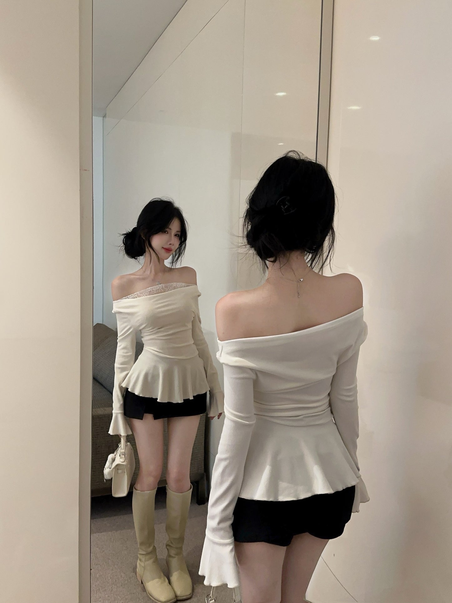 【tops】切り替えレース長袖フリルTシャツG24289