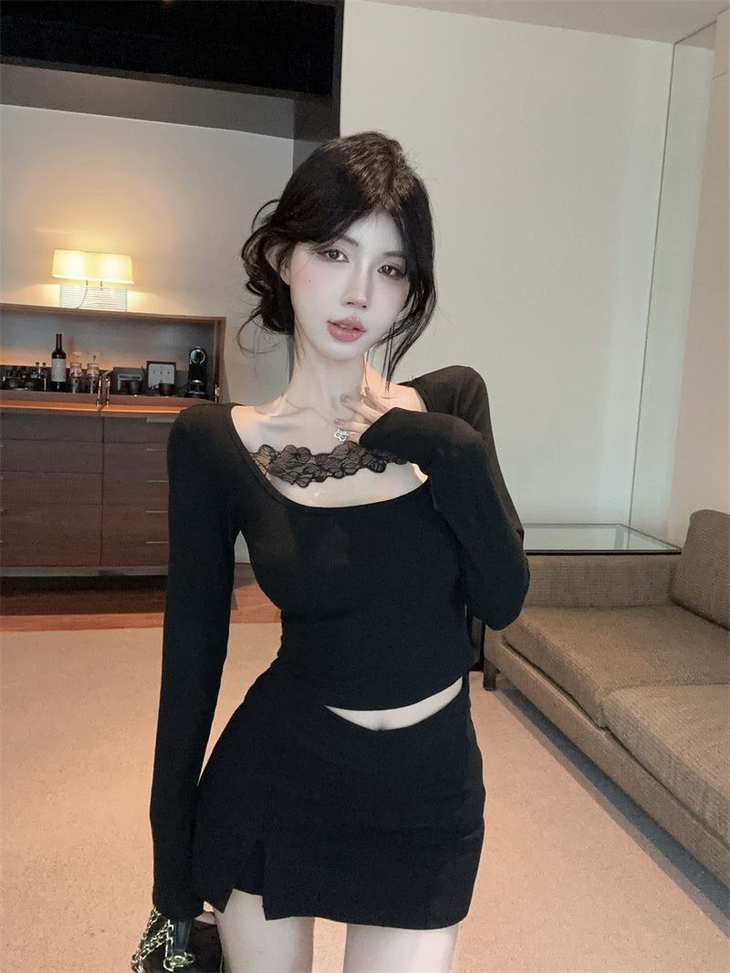 【tops】Uネックレース長袖TシャツG24295