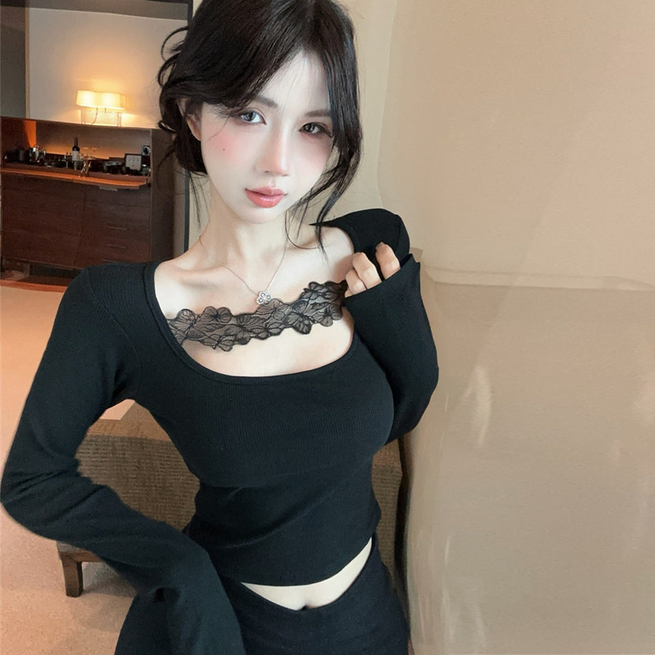 【tops】Uネックレース長袖TシャツG24295