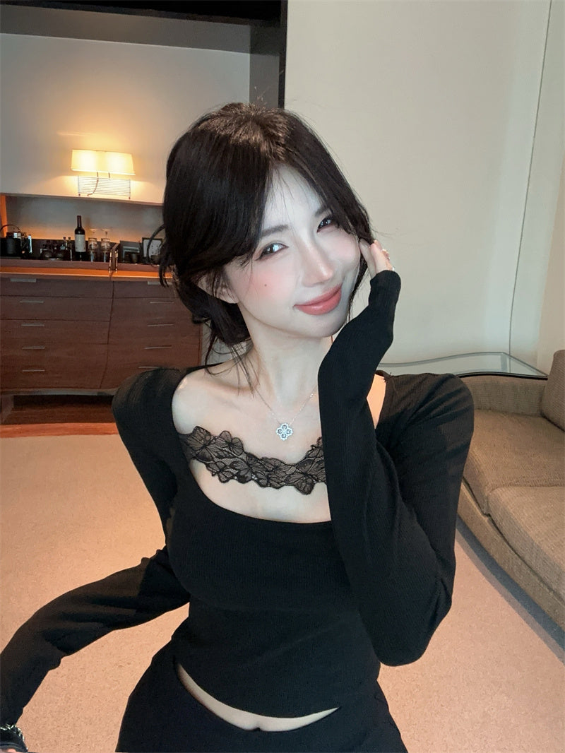 【tops】Uネックレース長袖TシャツG24295