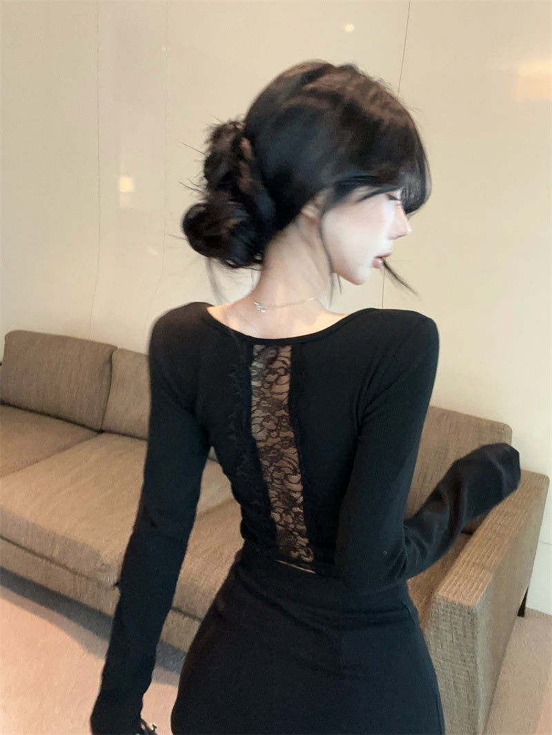 【tops】Uネックレース長袖TシャツG24295