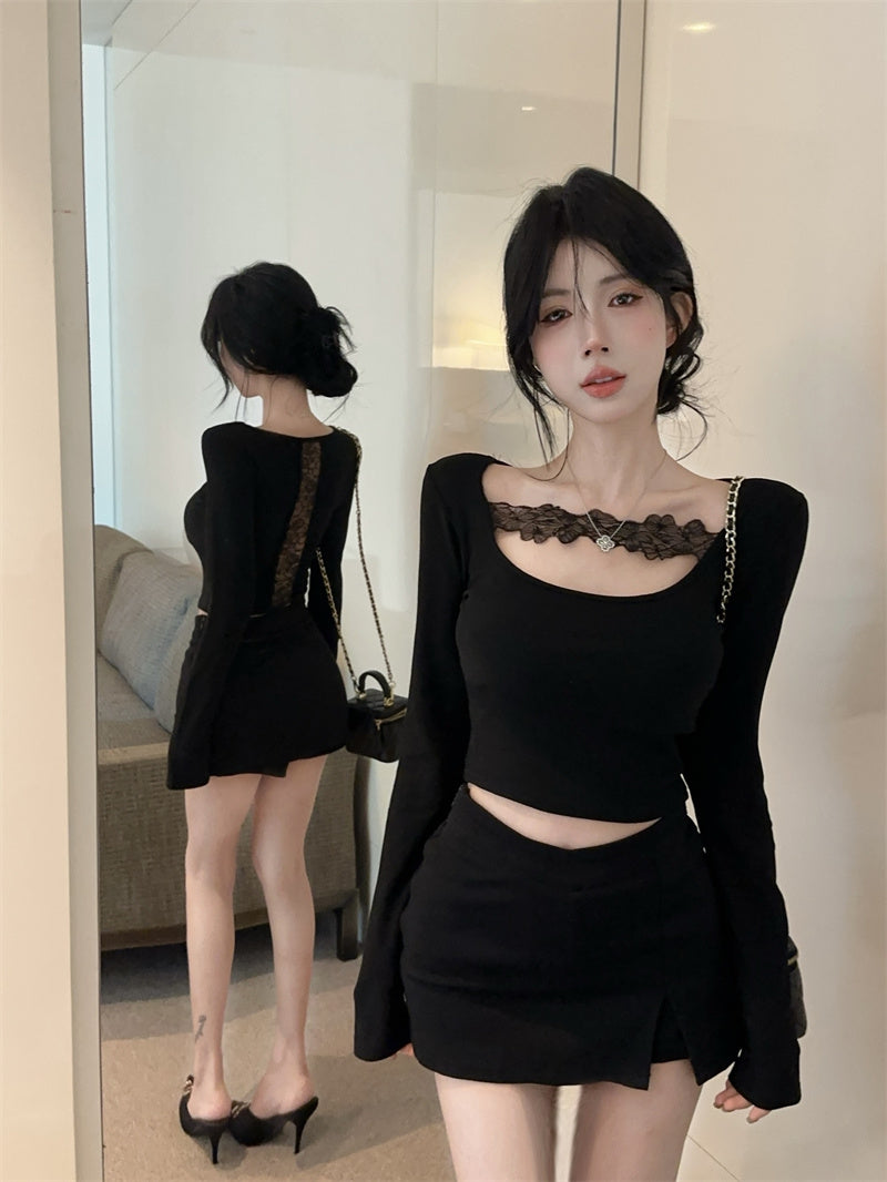 【tops】Uネックレース長袖TシャツG24295