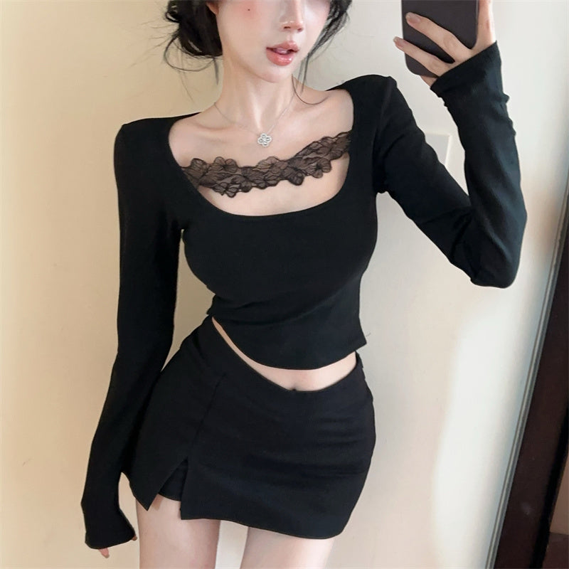 【tops】Uネックレース長袖TシャツG24295