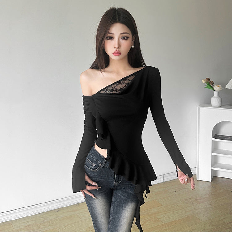 【tops】レース切り替え長袖TシャツG24301