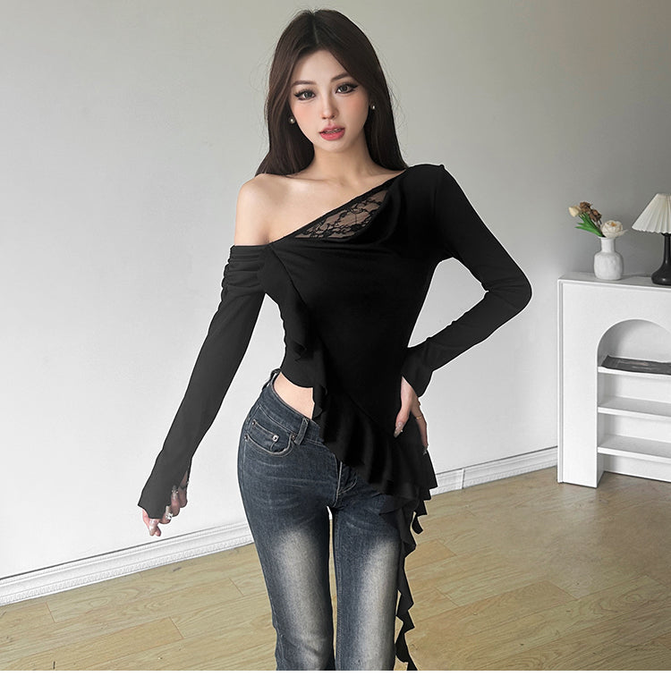 【tops】レース切り替え長袖TシャツG24301