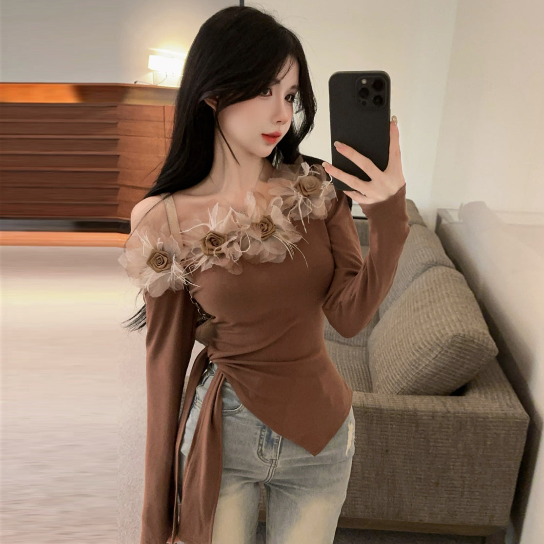 【tops】フラワー切り替え長袖TシャツG24302