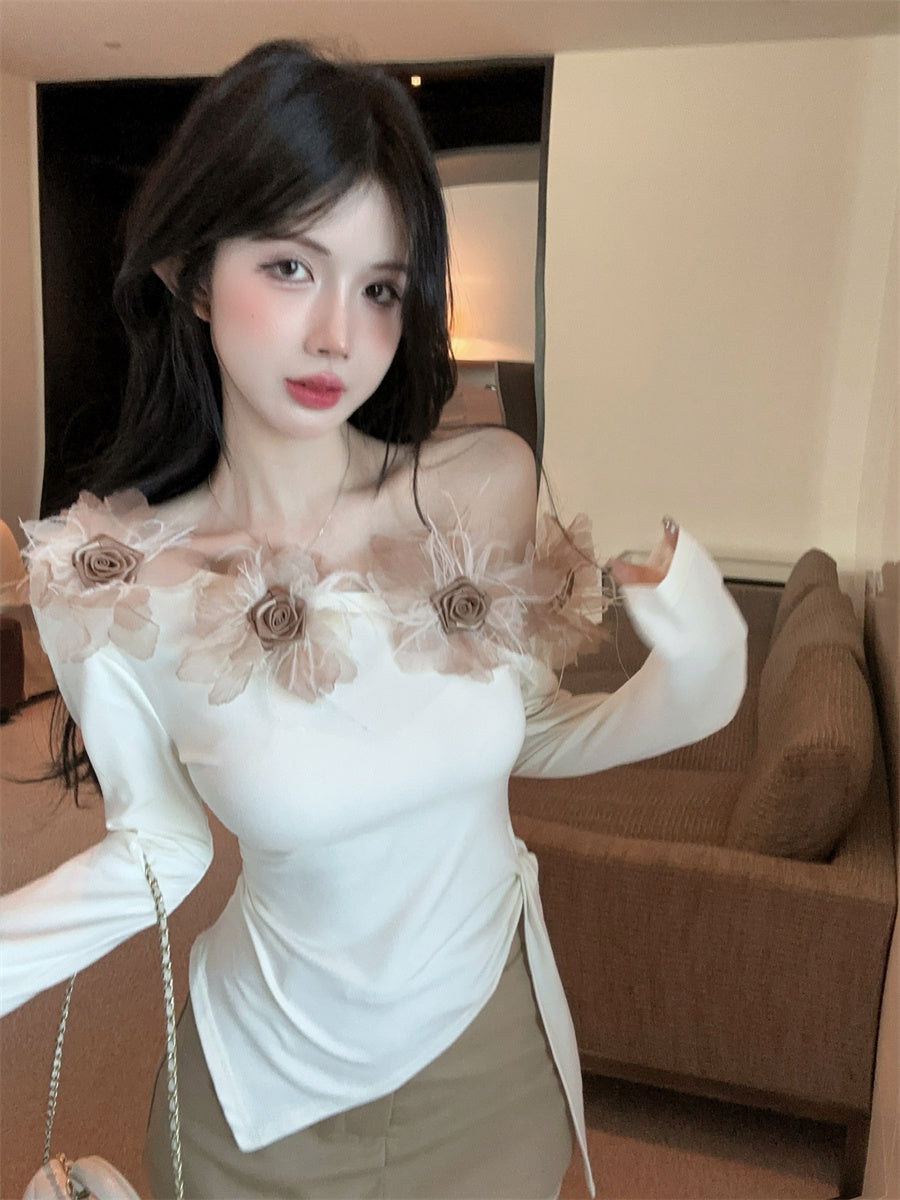 【tops】フラワー切り替え長袖TシャツG24302