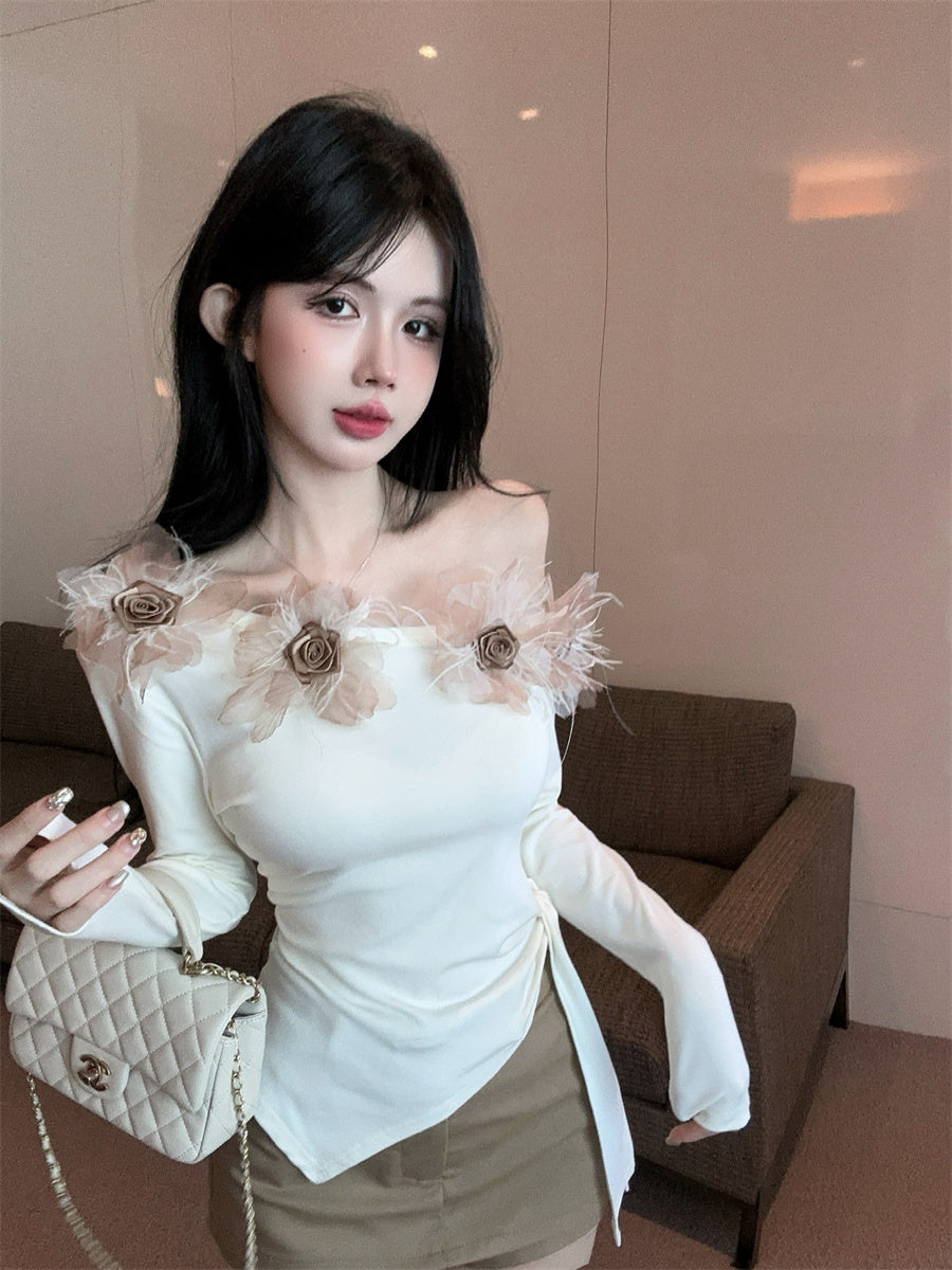 【tops】フラワー切り替え長袖TシャツG24302