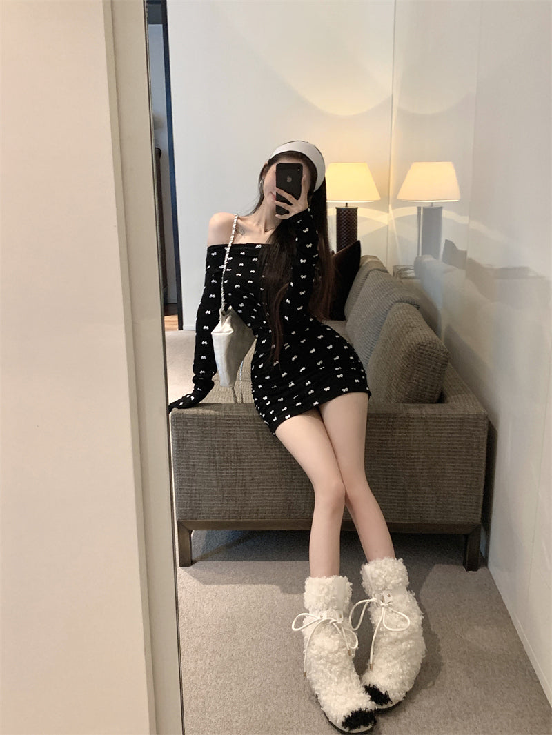 【dress】オフショルダーリボンタイトワンピースG24305