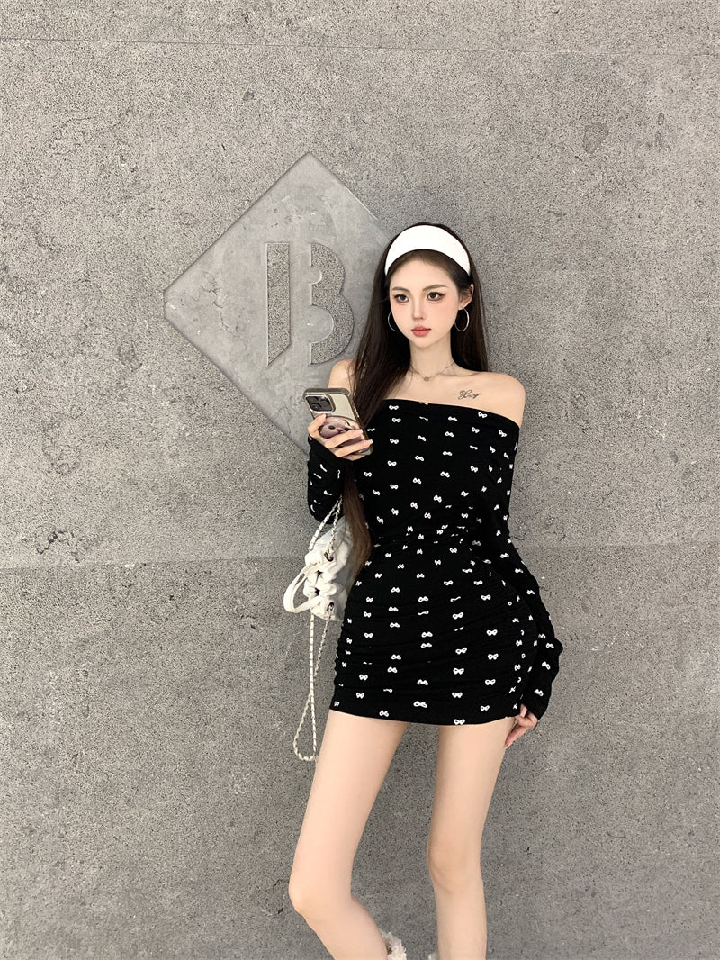 【dress】オフショルダーリボンタイトワンピースG24305