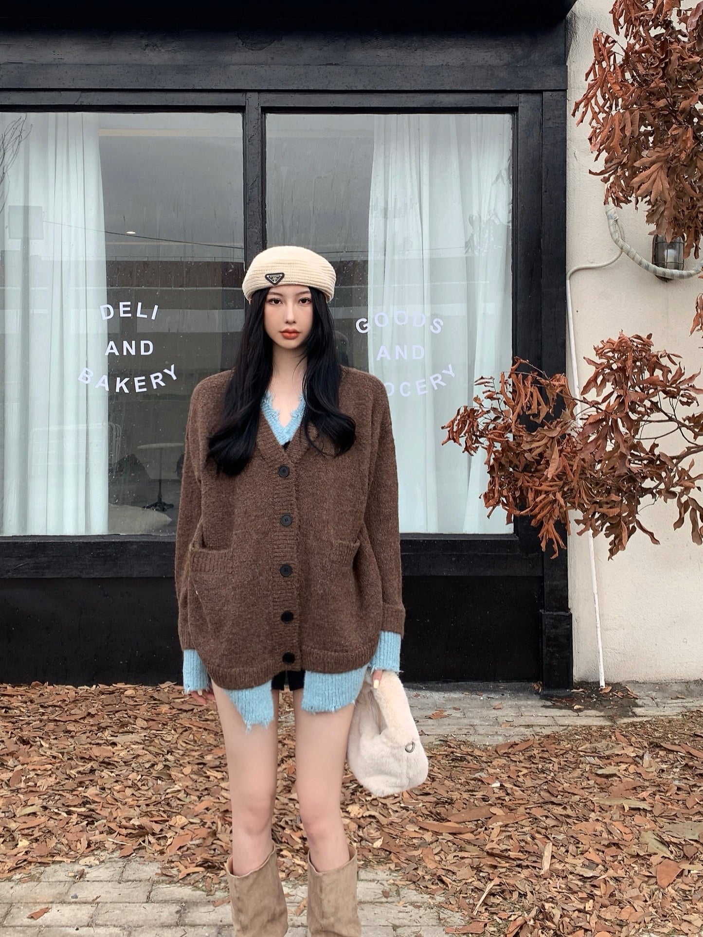 【outer】ゆったり偽二つ切り替えニットカーディガンG24358