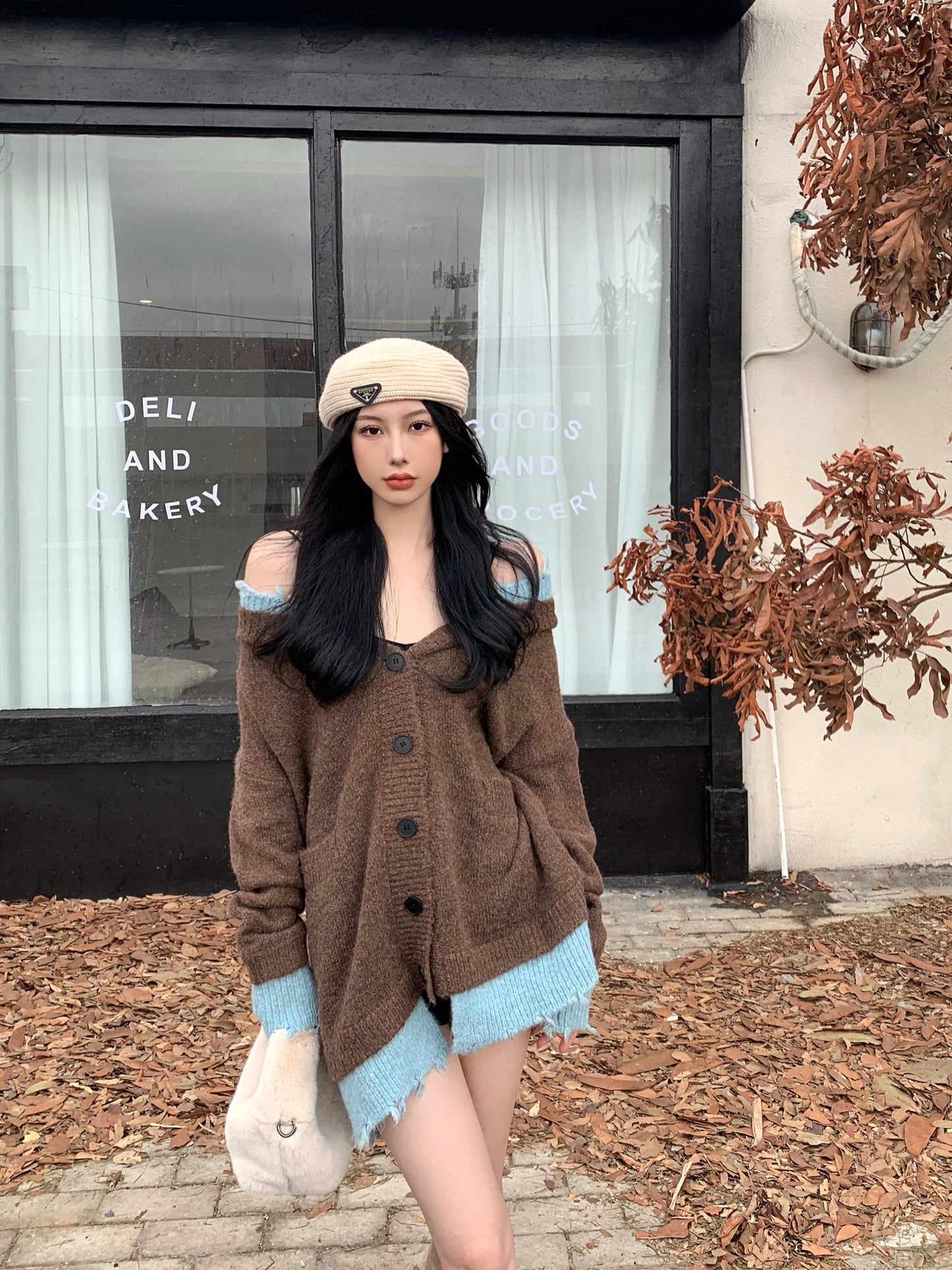 【outer】ゆったり偽二つ切り替えニットカーディガンG24358