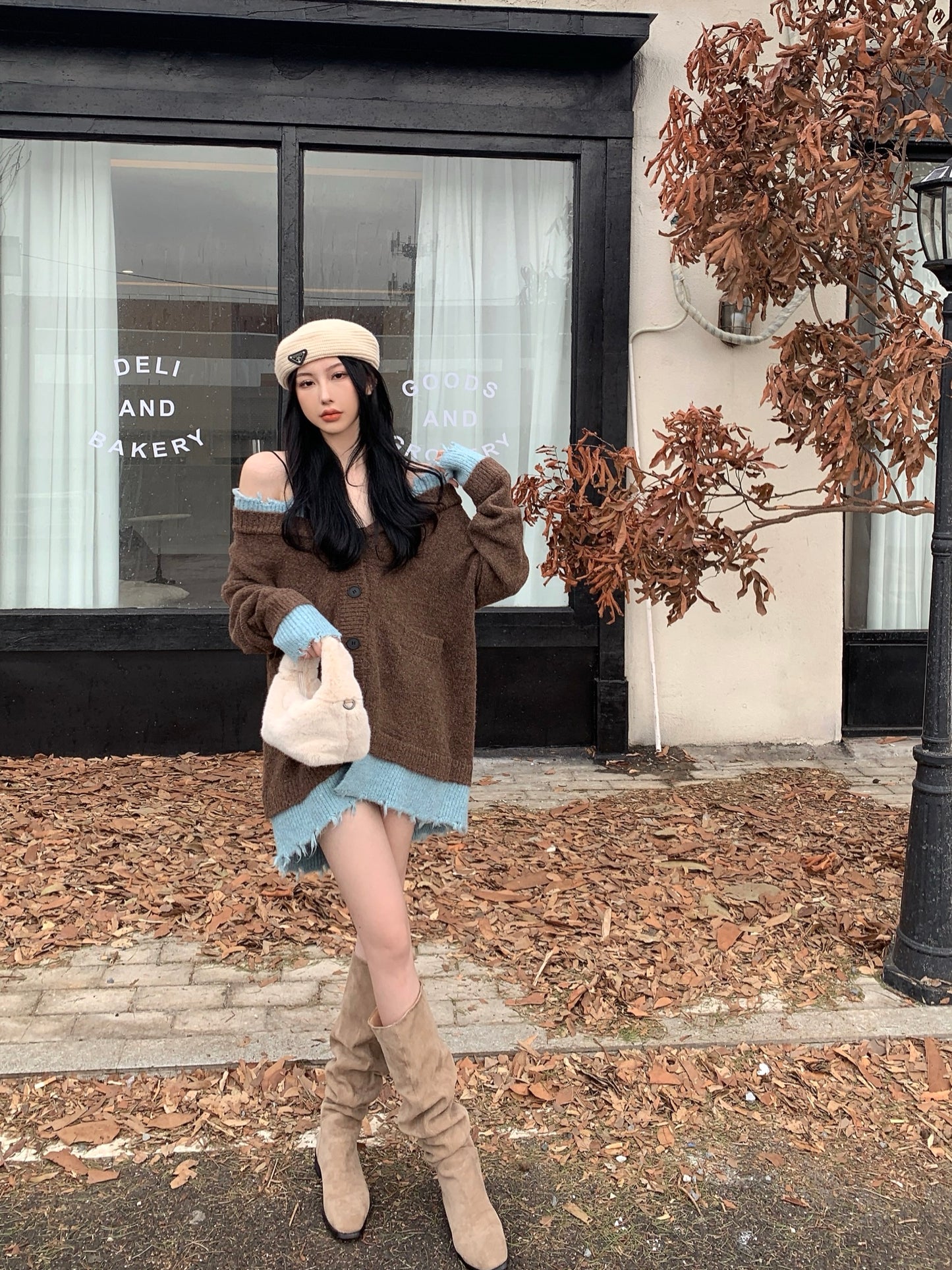 【outer】ゆったり偽二つ切り替えニットカーディガンG24358