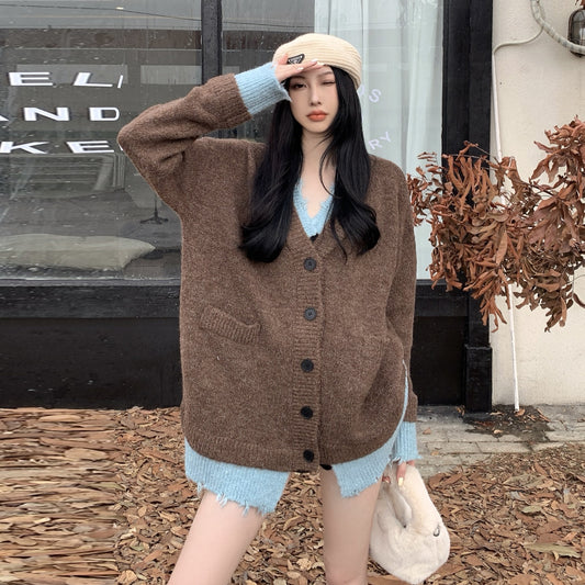 【outer】ゆったり偽二つ切り替えニットカーディガンG24358