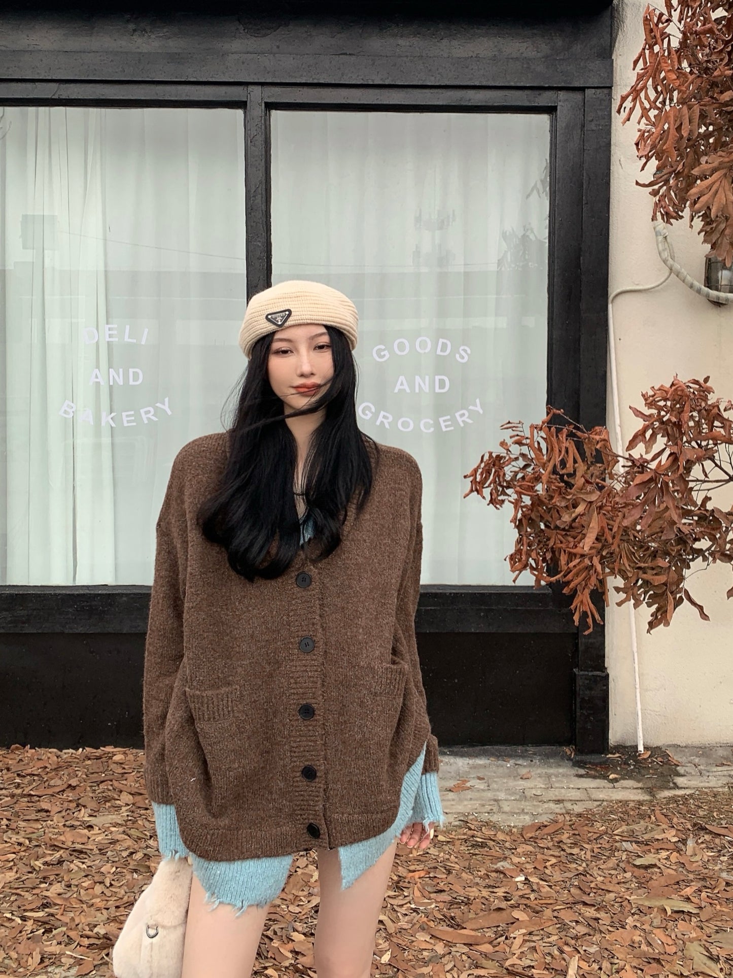 【outer】ゆったり偽二つ切り替えニットカーディガンG24358