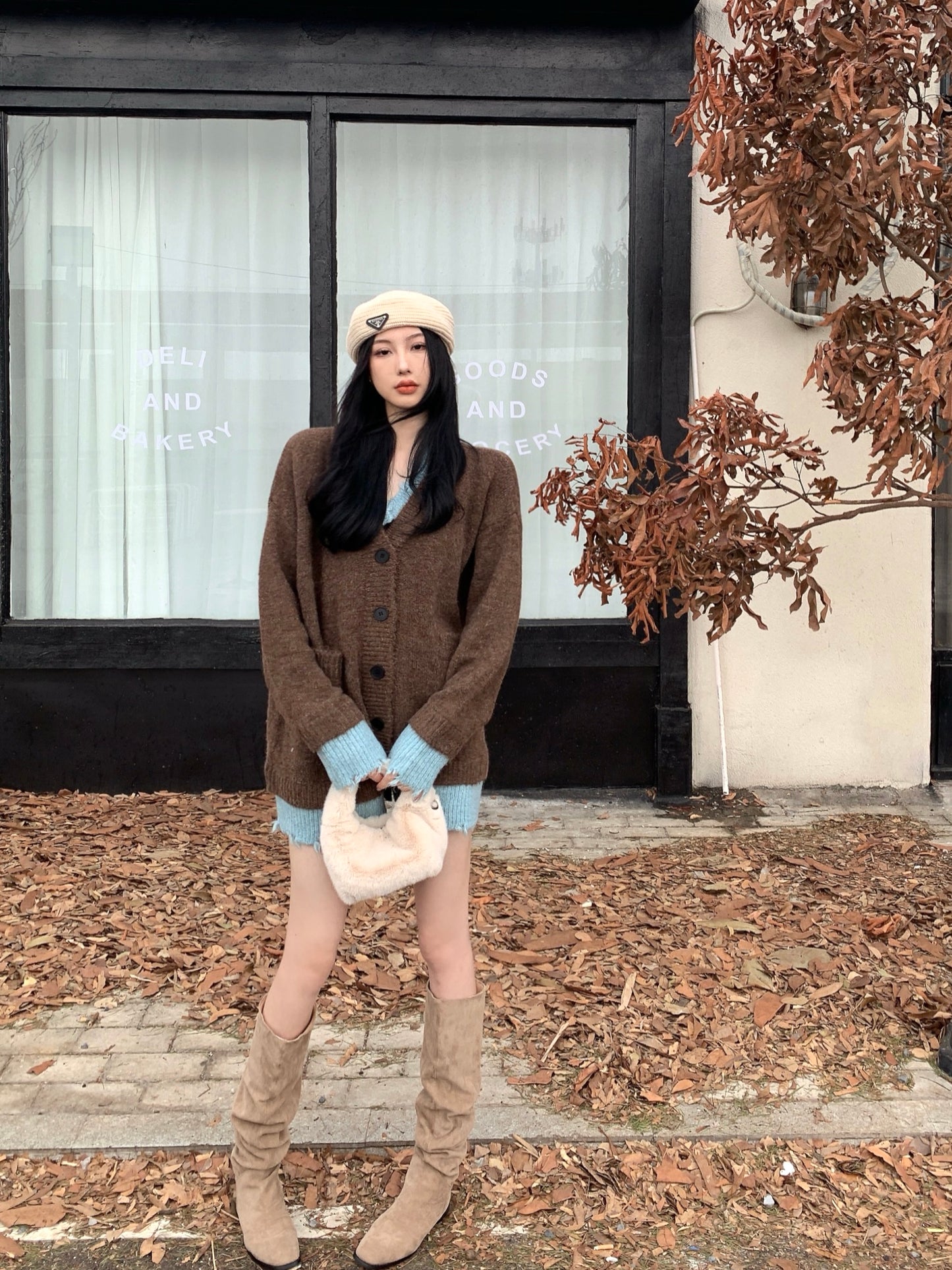 【outer】ゆったり偽二つ切り替えニットカーディガンG24358