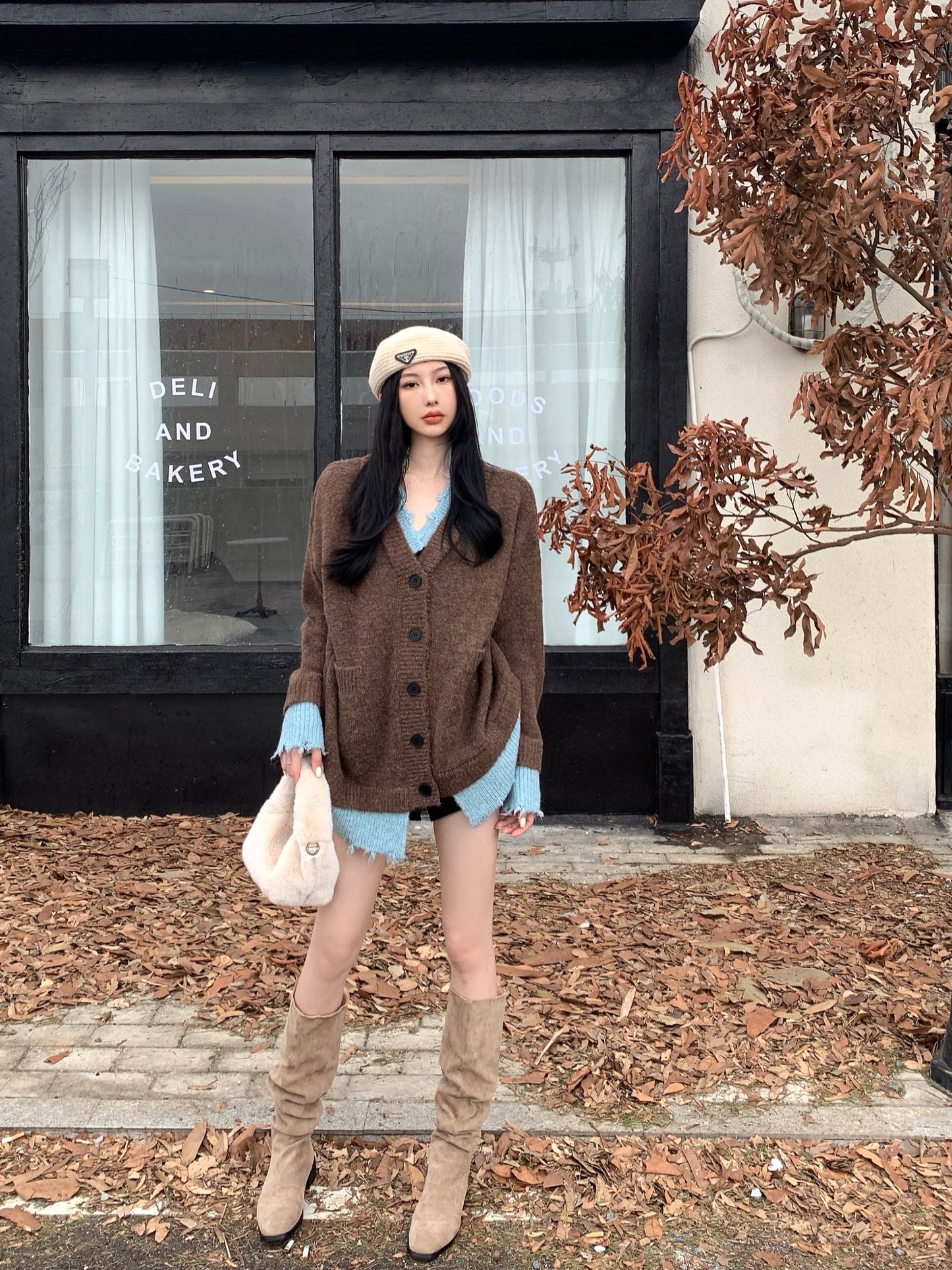 【outer】ゆったり偽二つ切り替えニットカーディガンG24358