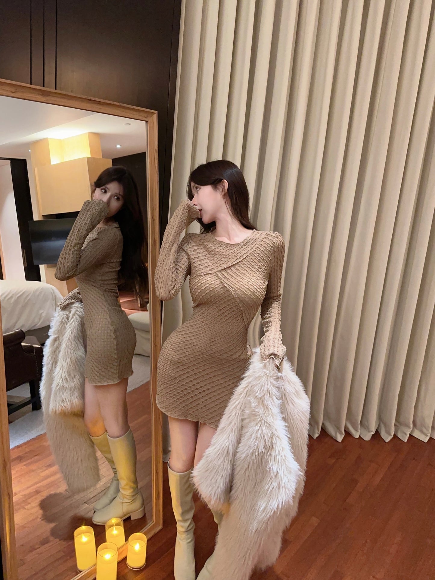 【dress】体型カバー長袖ワンピースG24363