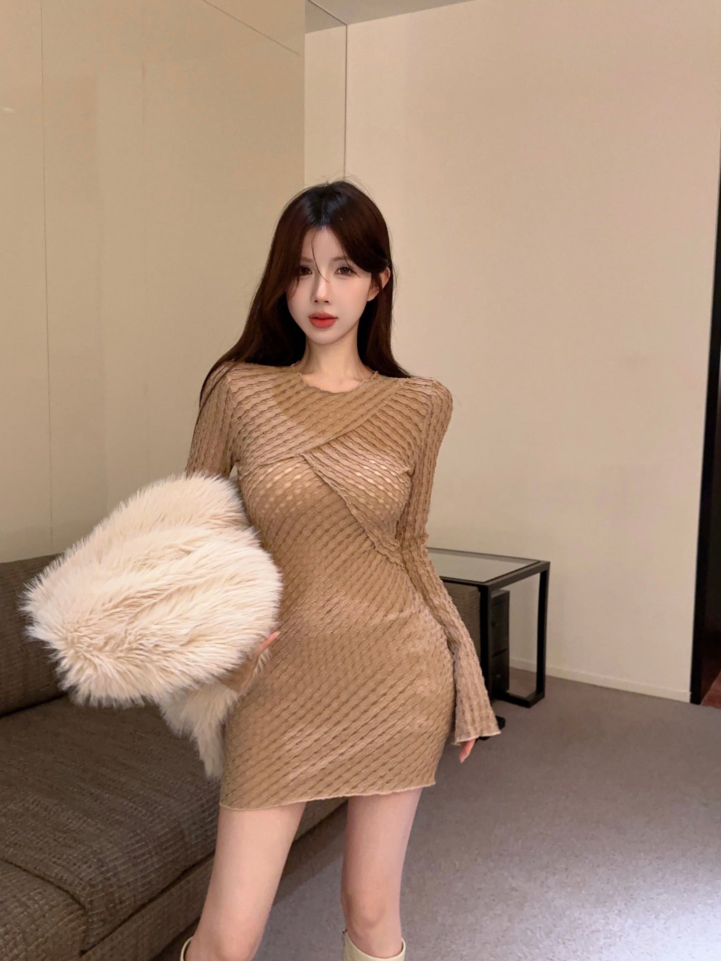 【dress】体型カバー長袖ワンピースG24363