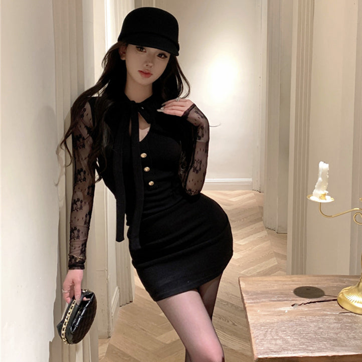 【dress】レース切り替え長袖タイトワンピースG24364