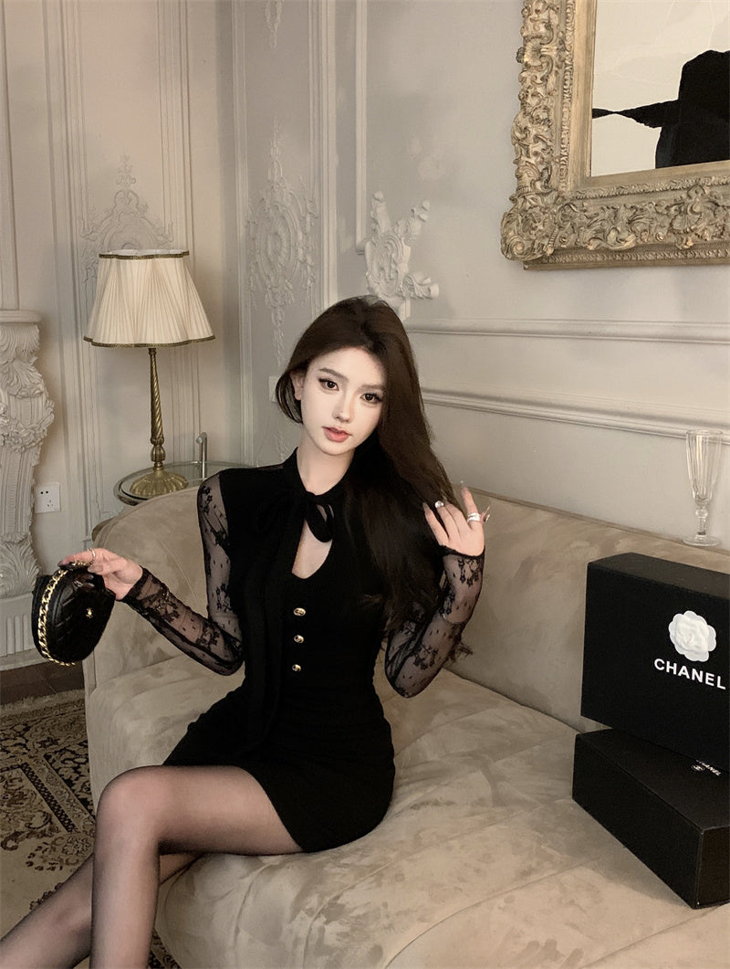 【dress】レース切り替え長袖タイトワンピースG24364