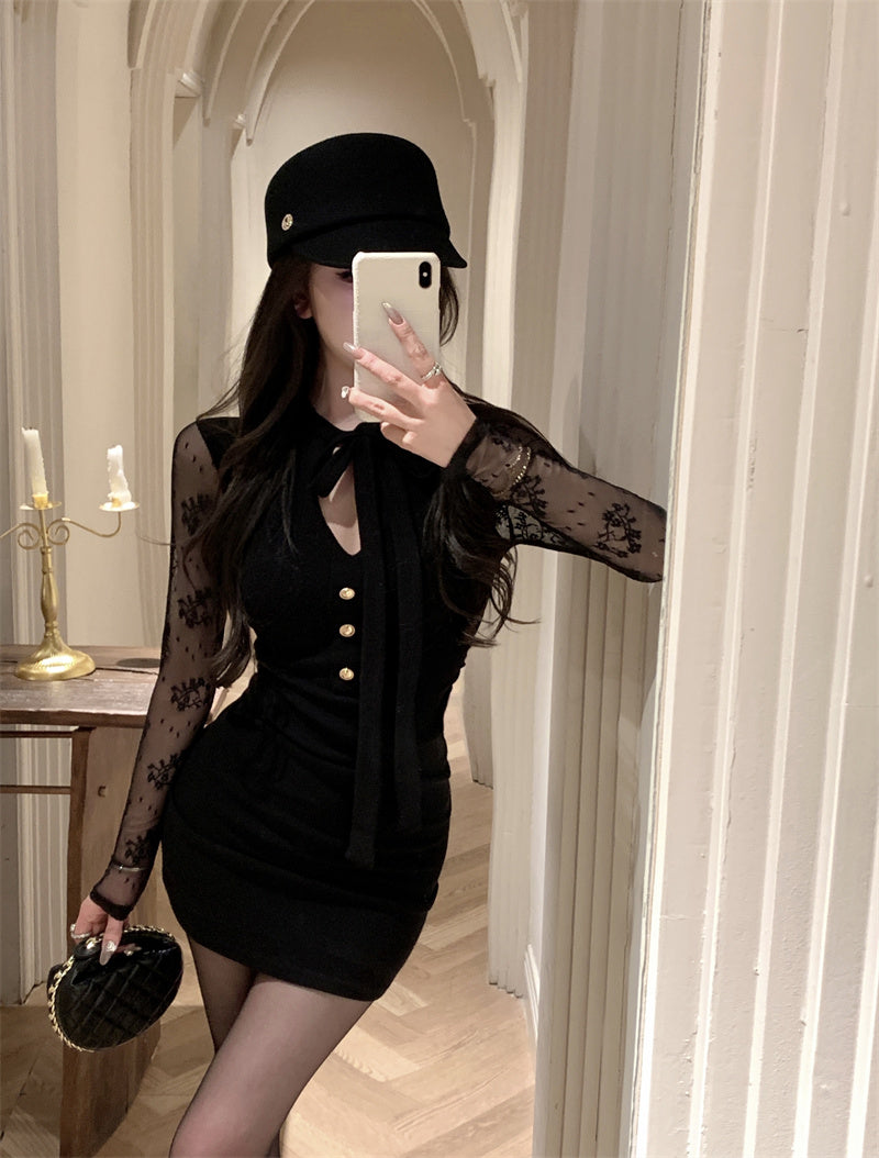 【dress】レース切り替え長袖タイトワンピースG24364