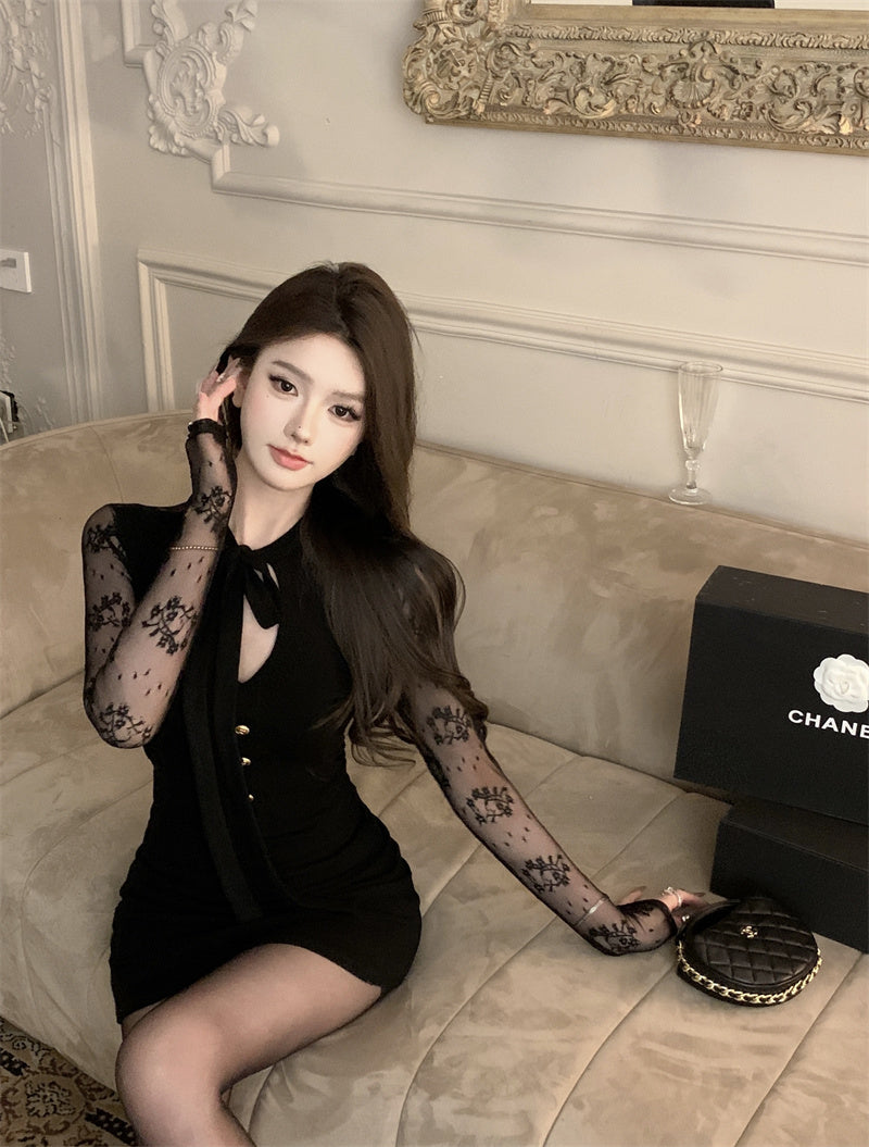 【dress】レース切り替え長袖タイトワンピースG24364