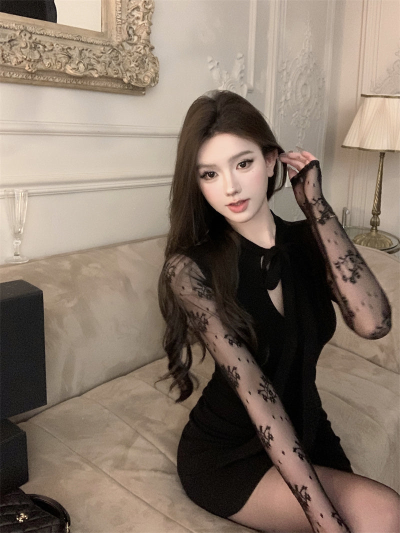 【dress】レース切り替え長袖タイトワンピースG24364