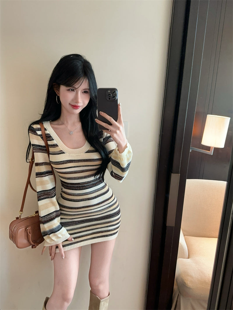 【dress】ストライプ柄長袖ニットワンピースG24368