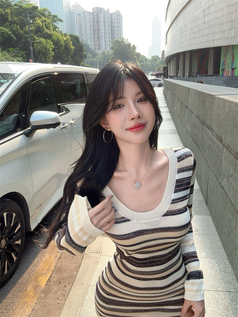 【dress】ストライプ柄長袖ニットワンピースG24368