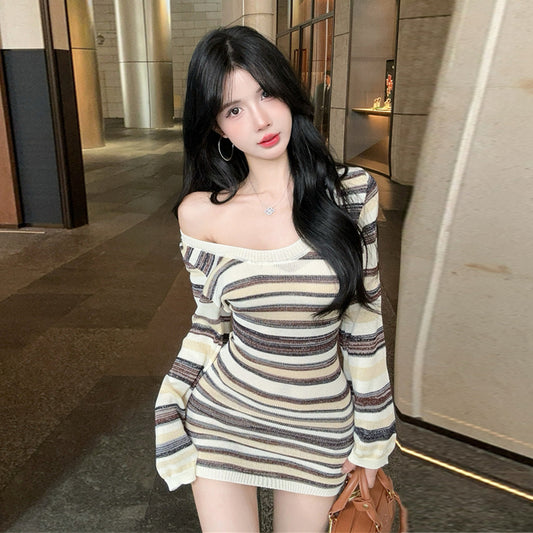 【dress】ストライプ柄長袖ニットワンピースG24368