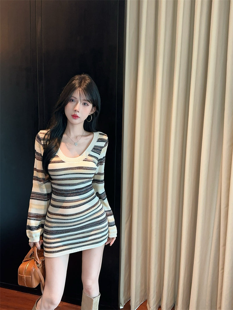 【dress】ストライプ柄長袖ニットワンピースG24368