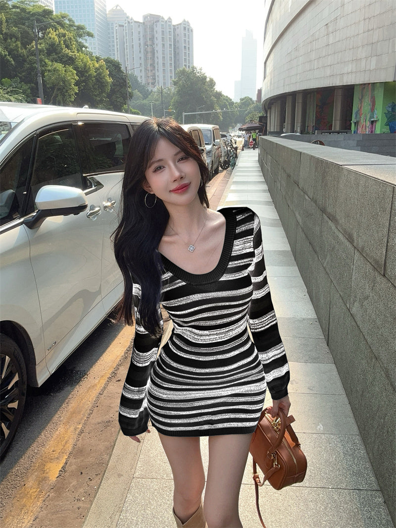 【dress】ストライプ柄長袖ニットワンピースG24368