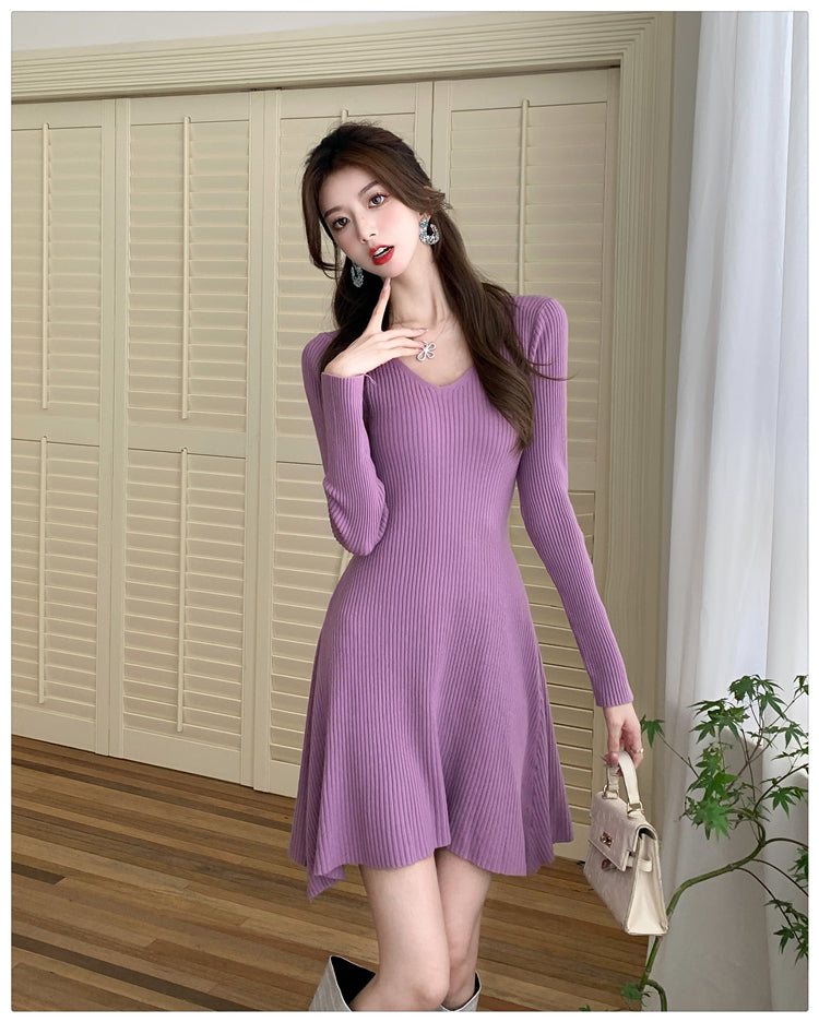 【dress】フランス風長袖ニットワンピースG24370