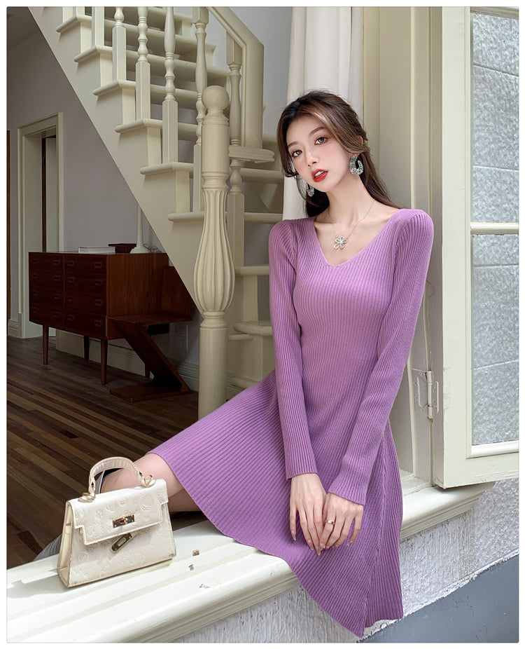 【dress】フランス風長袖ニットワンピースG24370