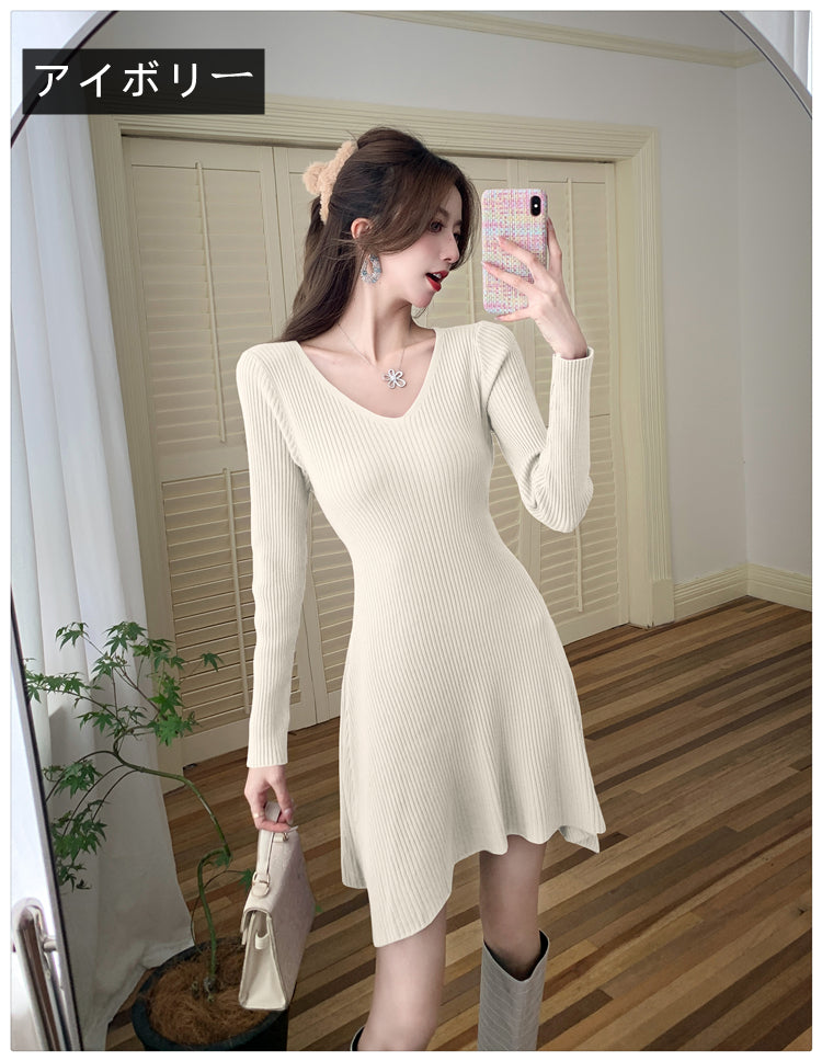 【dress】フランス風長袖ニットワンピースG24370