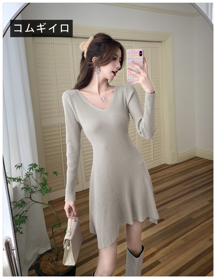 【dress】フランス風長袖ニットワンピースG24370