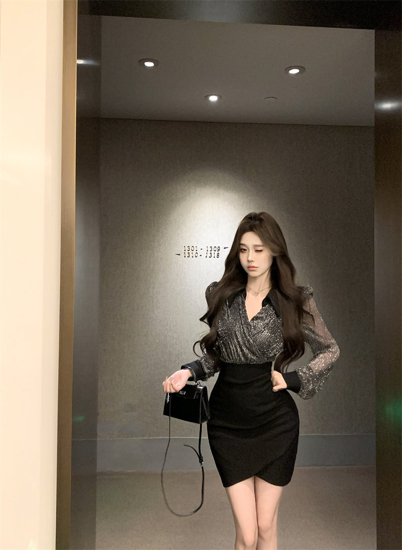 【dress】Vネック偽二つ切り替え長袖ワンピースG24373