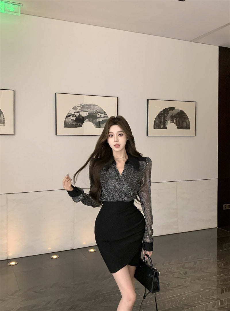 【dress】Vネック偽二つ切り替え長袖ワンピースG24373