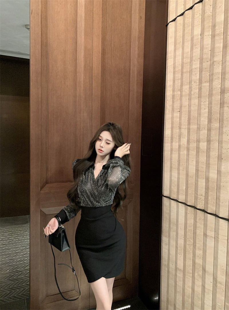 【dress】Vネック偽二つ切り替え長袖ワンピースG24373