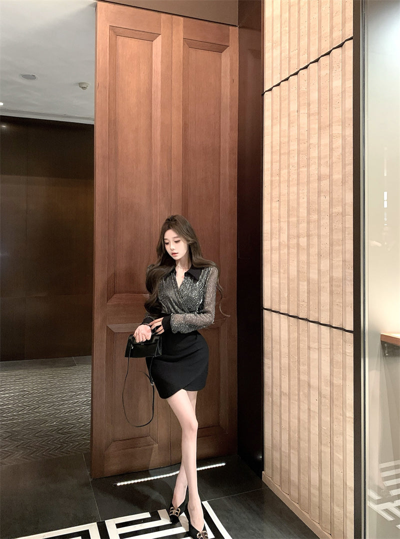 【dress】Vネック偽二つ切り替え長袖ワンピースG24373