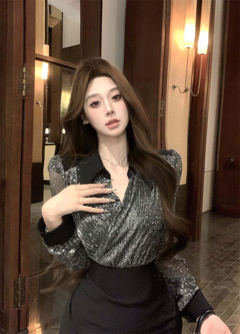 【dress】Vネック偽二つ切り替え長袖ワンピースG24373