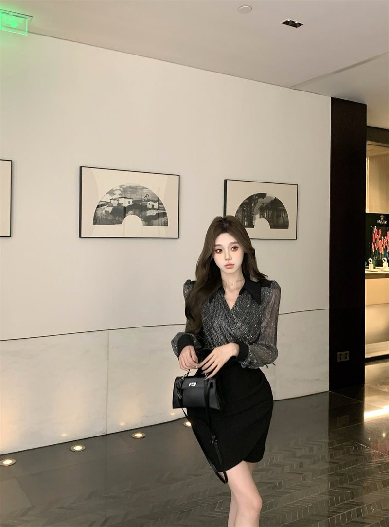 【dress】Vネック偽二つ切り替え長袖ワンピースG24373