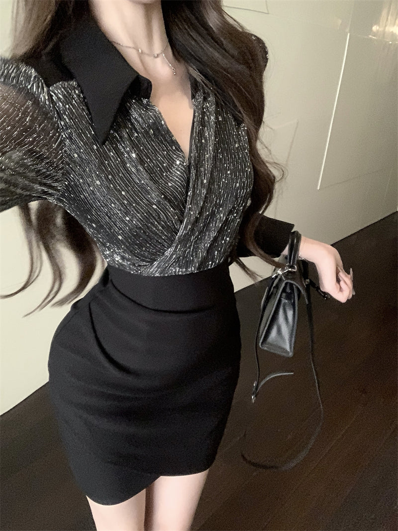 【dress】Vネック偽二つ切り替え長袖ワンピースG24373