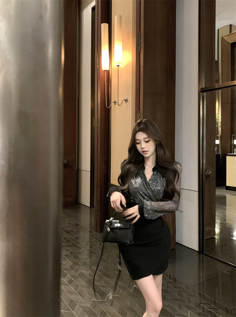 【dress】Vネック偽二つ切り替え長袖ワンピースG24373