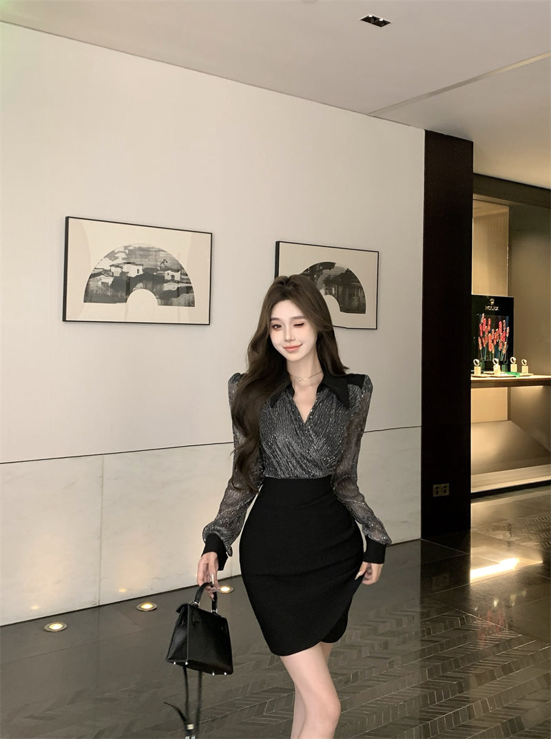 【dress】Vネック偽二つ切り替え長袖ワンピースG24373