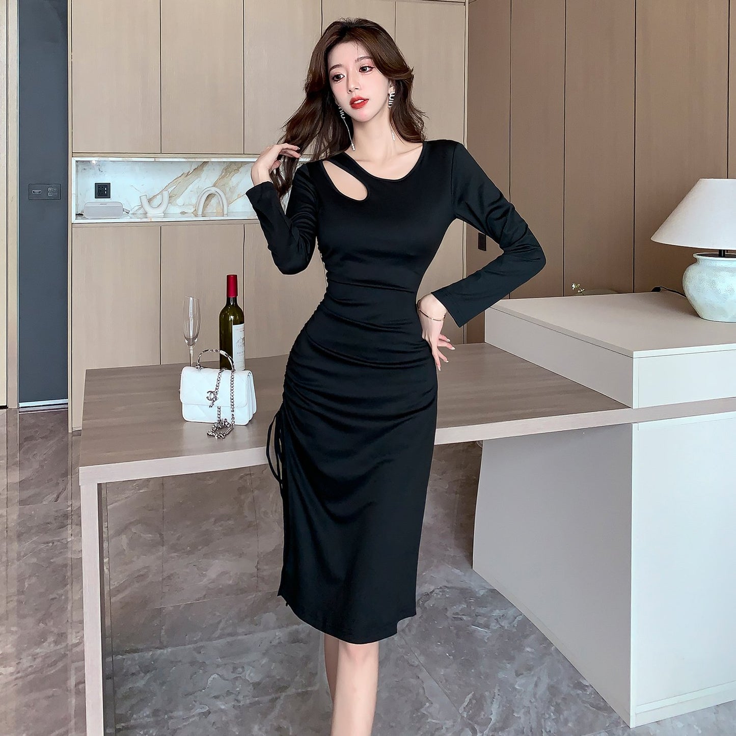 【dress】フランス風スリットタイトワンピースG24374